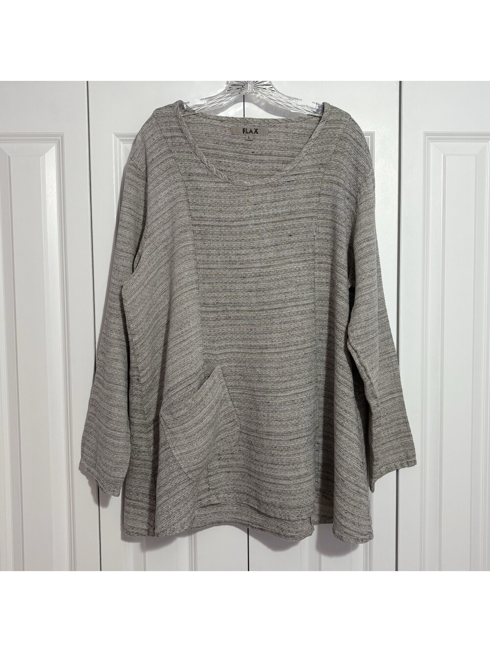 FLAX Linen Tunic Top Grey Beige L Oversized Lagenlook 3/4 Sleeve Boho Minimalist